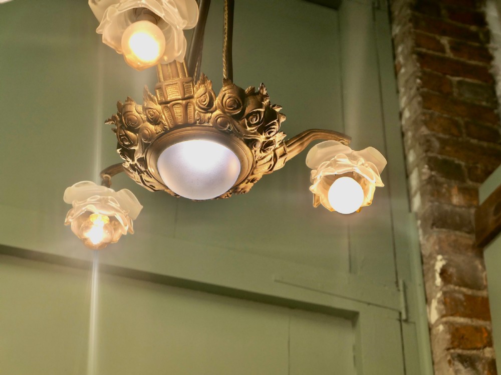 Art Deco Brass and Glass 3 Branch Centre Light View V