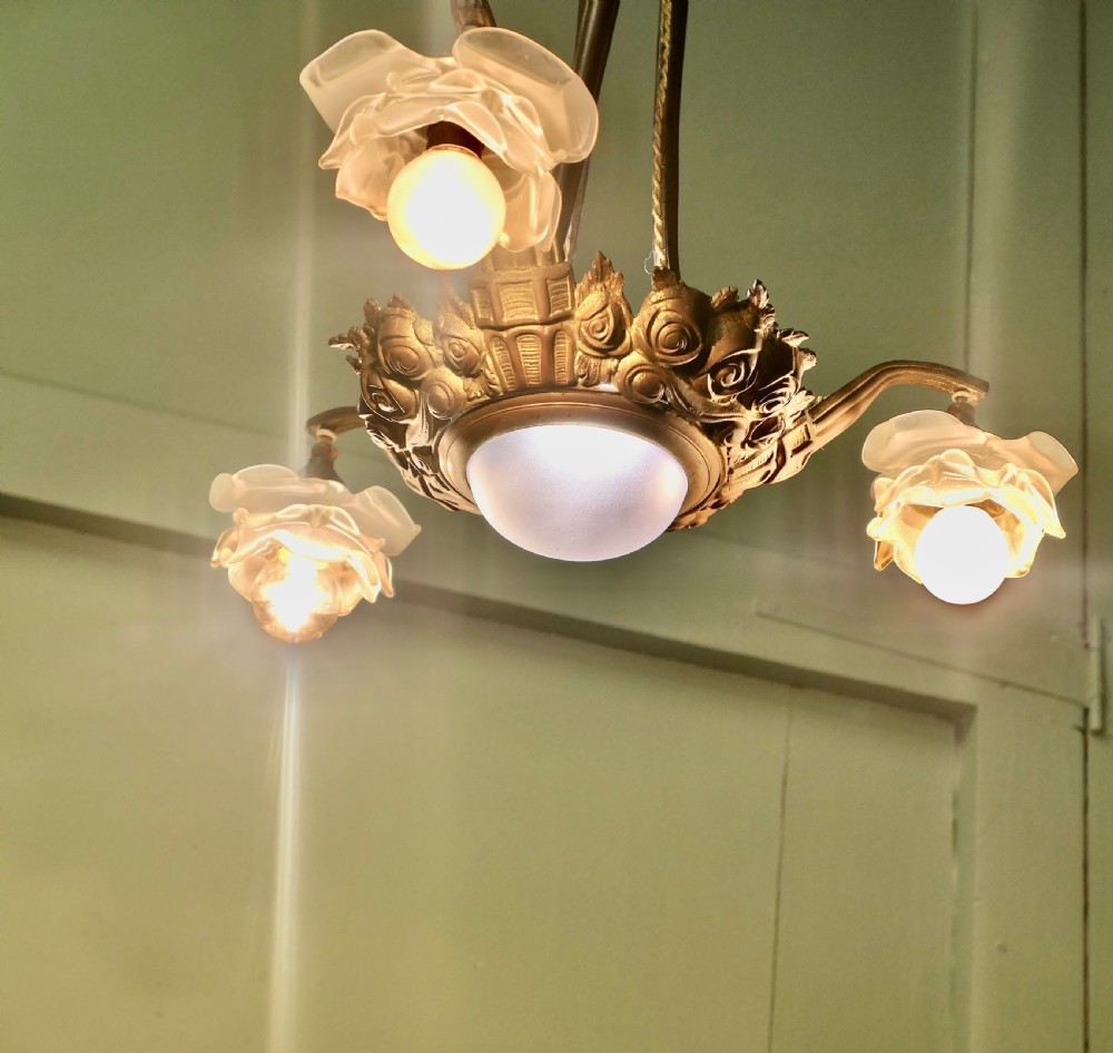 Art Deco Brass and Glass 3 Branch Centre Light View VI