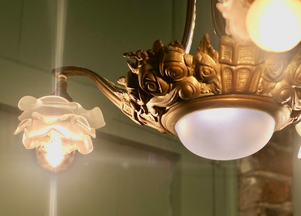 Art Deco Brass and Glass 3 Branch Centre Light View VII