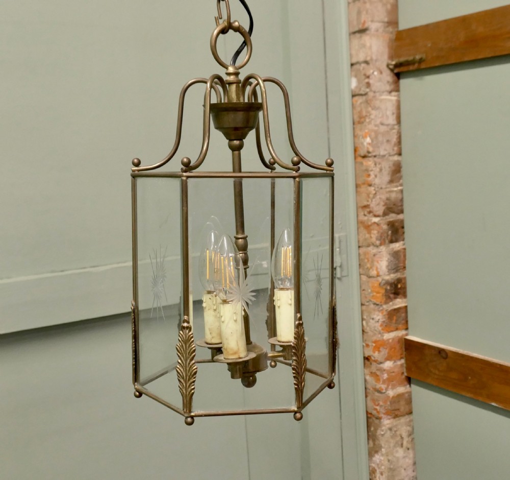 Superb Quality Art Deco Style Brass and Etched Glass Lantern View III