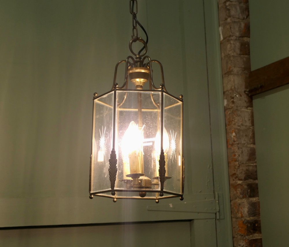 Superb Quality Art Deco Style Brass and Etched Glass Lantern View IV