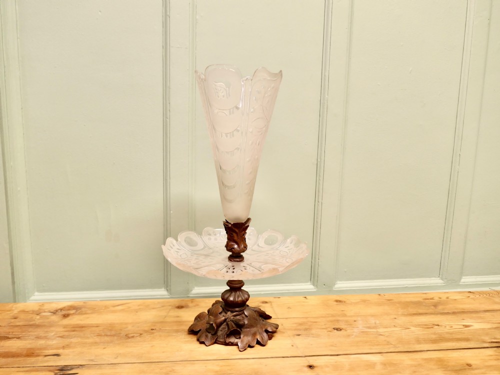 An epergne featuring a central frosted etched crystal trumpet vase and lower tray mounted on a hand-carved dark wood leaf base. View III