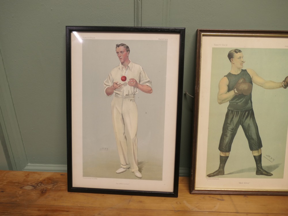 A collection of three framed antique Vanity Fair chromolithograph prints depicting a cricketer, a boxer, and a tennis player. View II