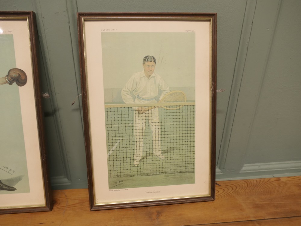 A collection of three framed antique Vanity Fair chromolithograph prints depicting a cricketer, a boxer, and a tennis player. View III