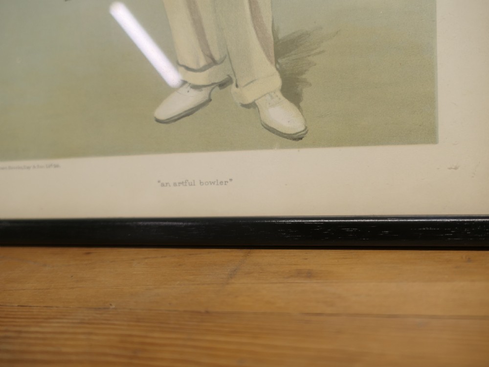 A collection of three framed antique Vanity Fair chromolithograph prints depicting a cricketer, a boxer, and a tennis player. View VII