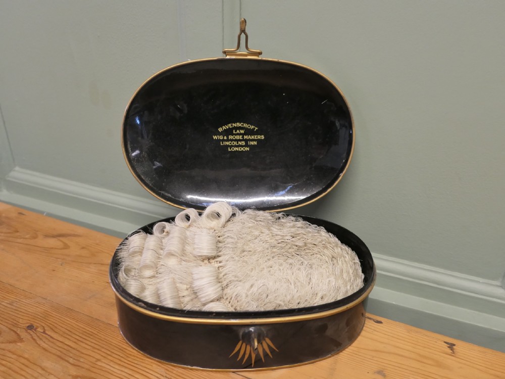 English Barrister's Bench Wig in Original Tole Box by Ravenscroft Law View V