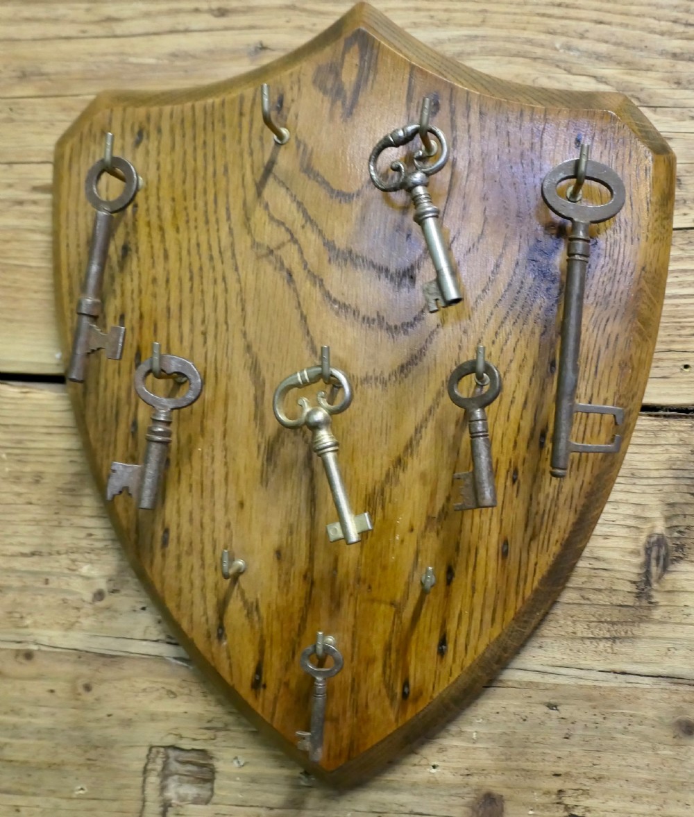 A shield-shaped solid oak board featuring eleven brass L-hooks arranged systematically across its polished grain surface. View IV