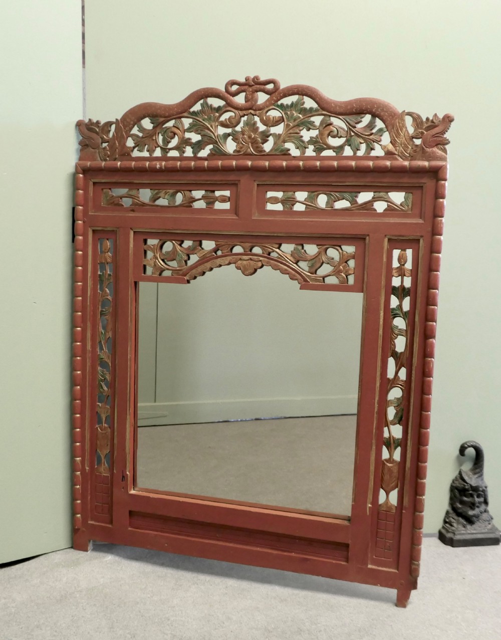 19th Century Oriental Painted Red Lacquer Mirror View V