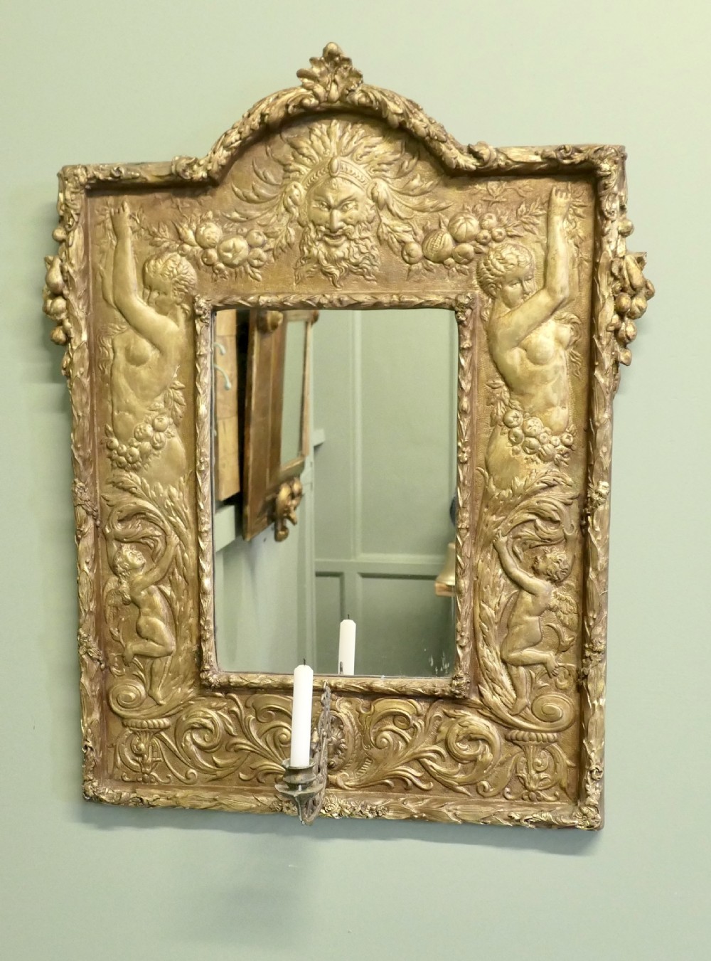 Art Nouveau Hand Beaten Brass Wall Mirror, Girandole Bacchus & Nymphs