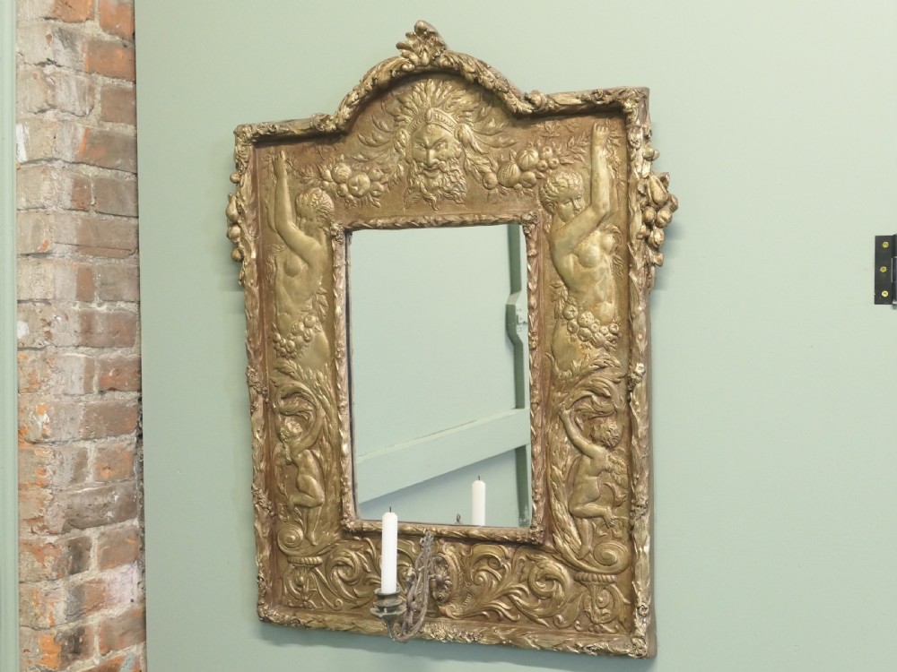 Art Nouveau Hand Beaten Brass Wall Mirror, Girandole Bacchus & Nymphs View VI