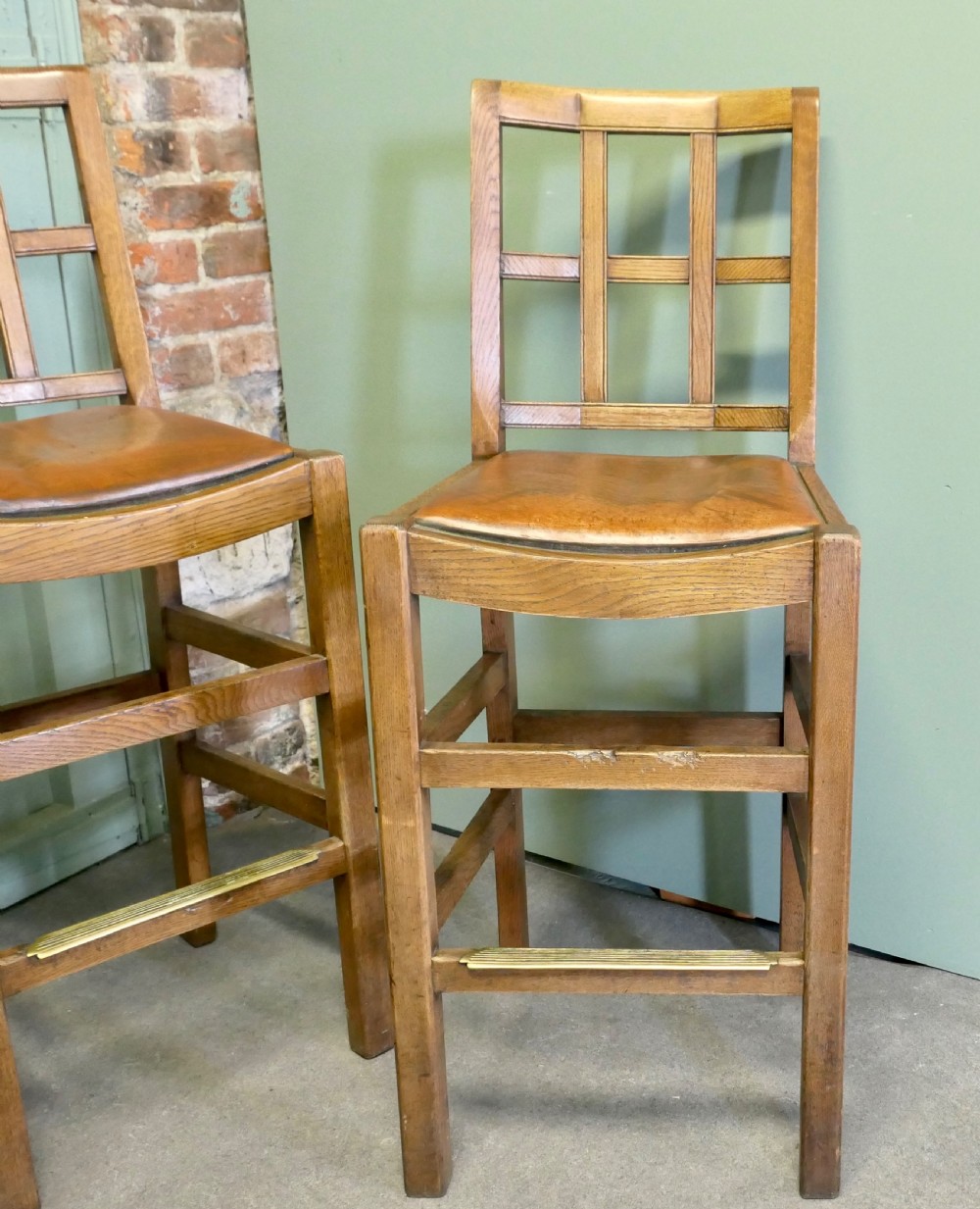 A Good Trio of Arts and Crafts High Bar Stools, in Leather and Golden Oak View II