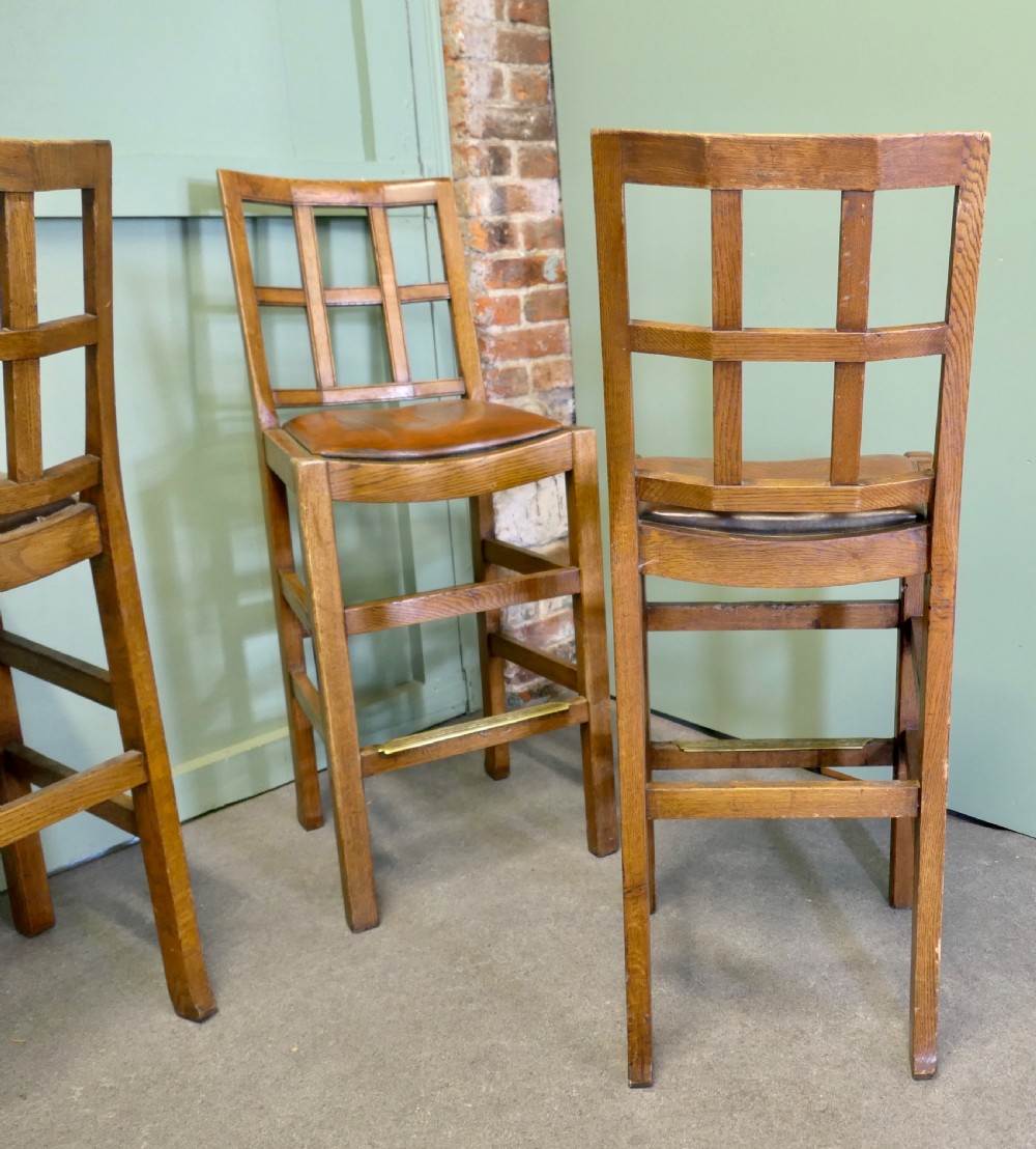A Good Trio of Arts and Crafts High Bar Stools, in Leather and Golden Oak View III