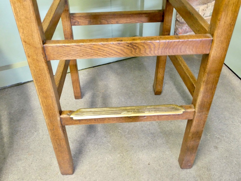 A Good Trio of Arts and Crafts High Bar Stools, in Leather and Golden Oak View V