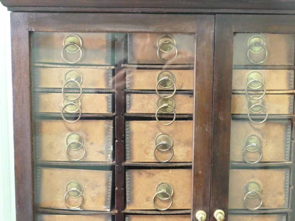 A dark wood glazed haberdashery cabinet featuring twin glass doors enclosing twenty-eight small drawers with brass ring pulls. View II
