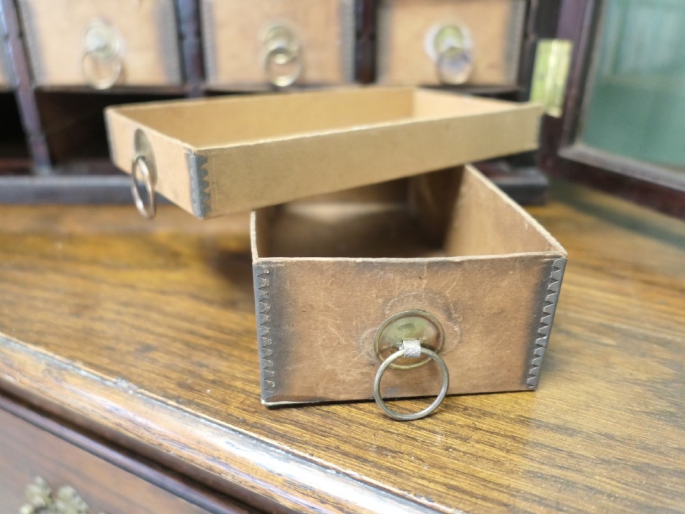 A dark wood glazed haberdashery cabinet featuring twin glass doors enclosing twenty-eight small drawers with brass ring pulls. View III