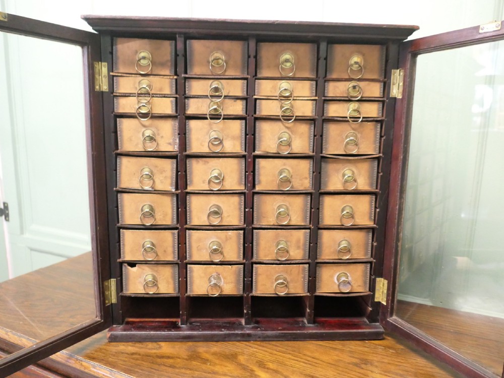 A dark wood glazed haberdashery cabinet featuring twin glass doors enclosing twenty-eight small drawers with brass ring pulls. View IV