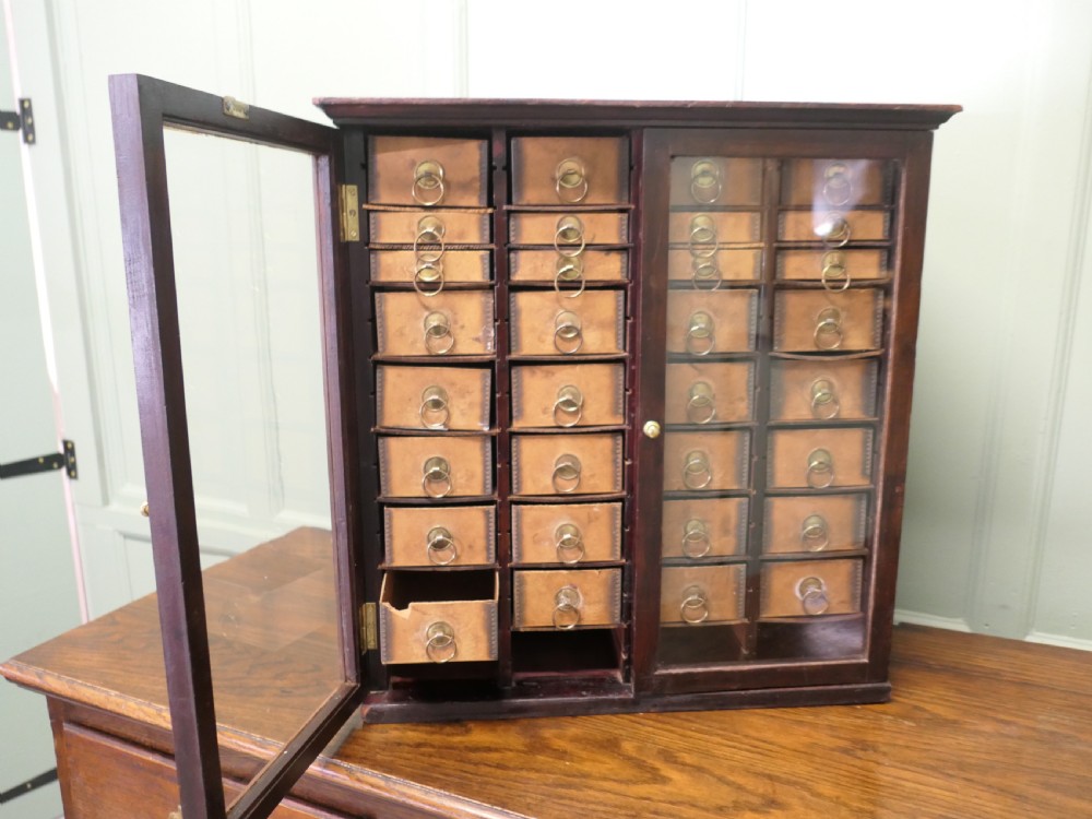 A dark wood glazed haberdashery cabinet featuring twin glass doors enclosing twenty-eight small drawers with brass ring pulls. View VI