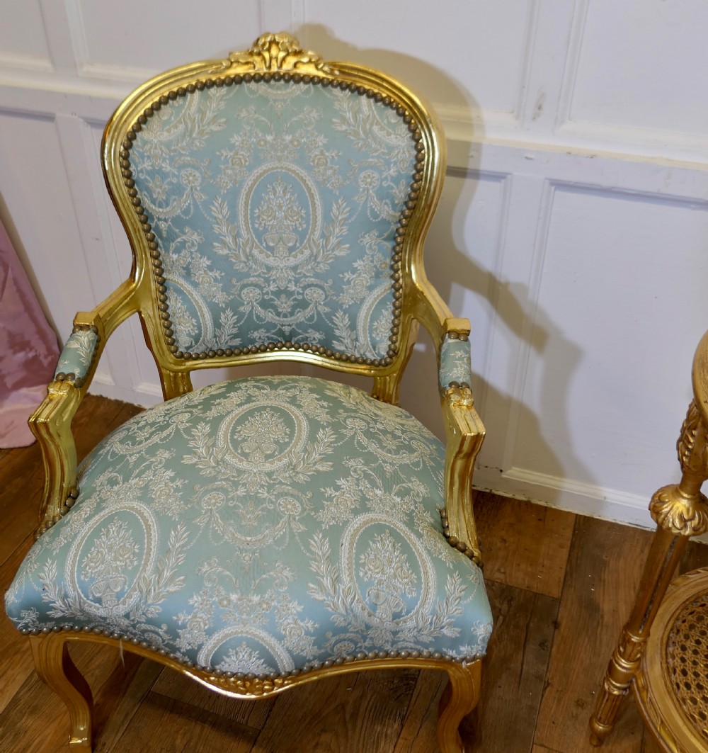 A pair of 19th-century French giltwood salon armchairs upholstered in light blue and cream patterned damask. View V