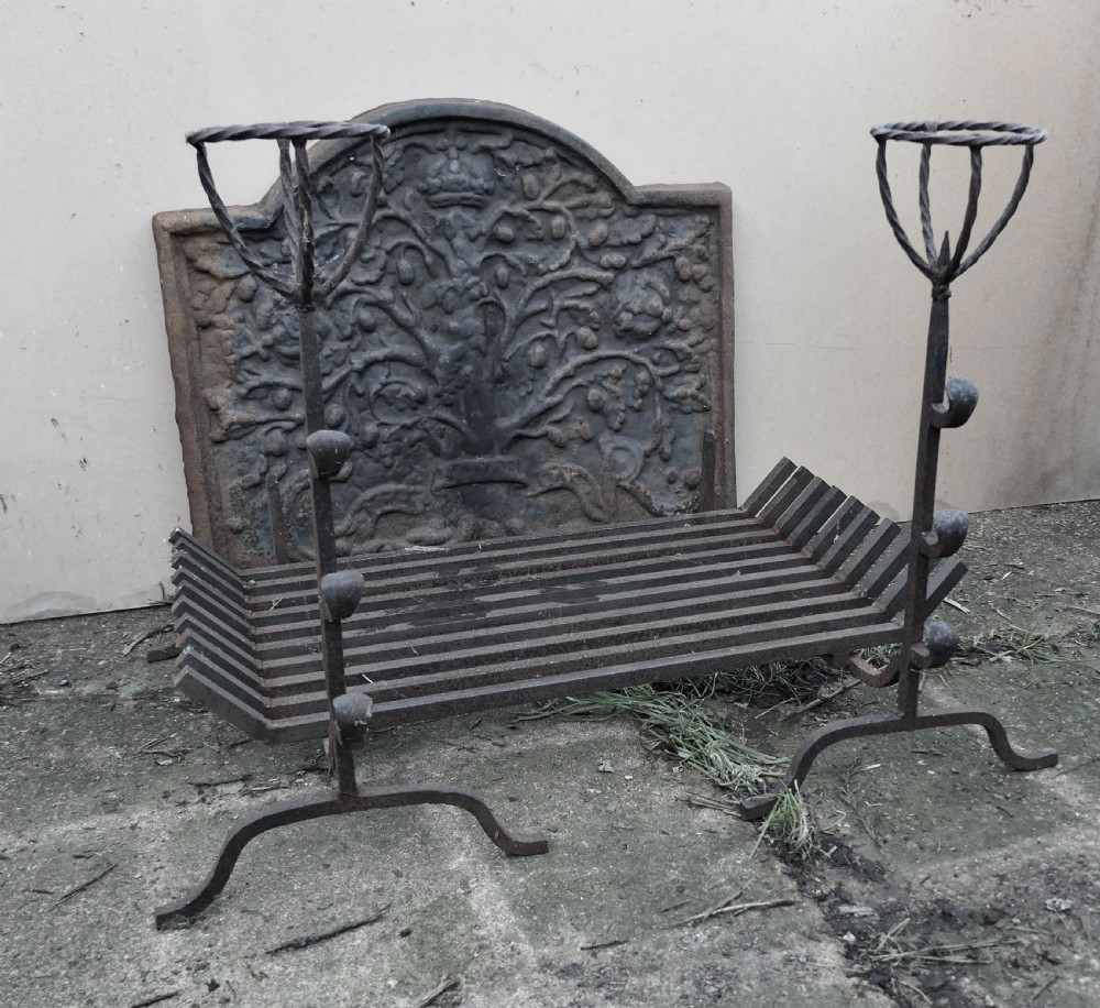 A heavy dark cast iron fireback featuring raised botanical relief decoration positioned behind a large iron slotted fire grate and a pair of tall wrought iron andirons with cresset tops. View V