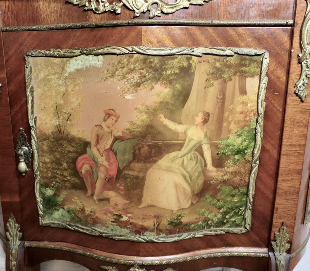 A 19th-century French Vernis Martin side cabinet featuring a curved front, marble top, hand-painted pastoral scene panel, and ornate gilt bronze mounts on cabriole legs. View II