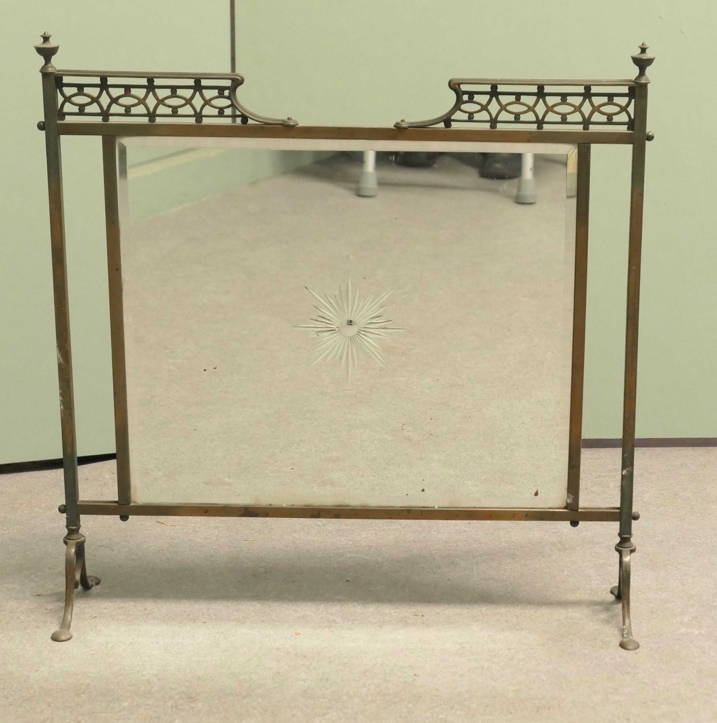 A Victorian Arts and Crafts Brass Mirror Fire Screen with Etched Sunburst