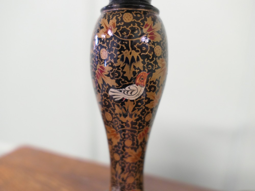 A hand-painted turned table lamp base featuring detailed gold floral motifs and bird illustrations, topped with a cream conical shade. View II
