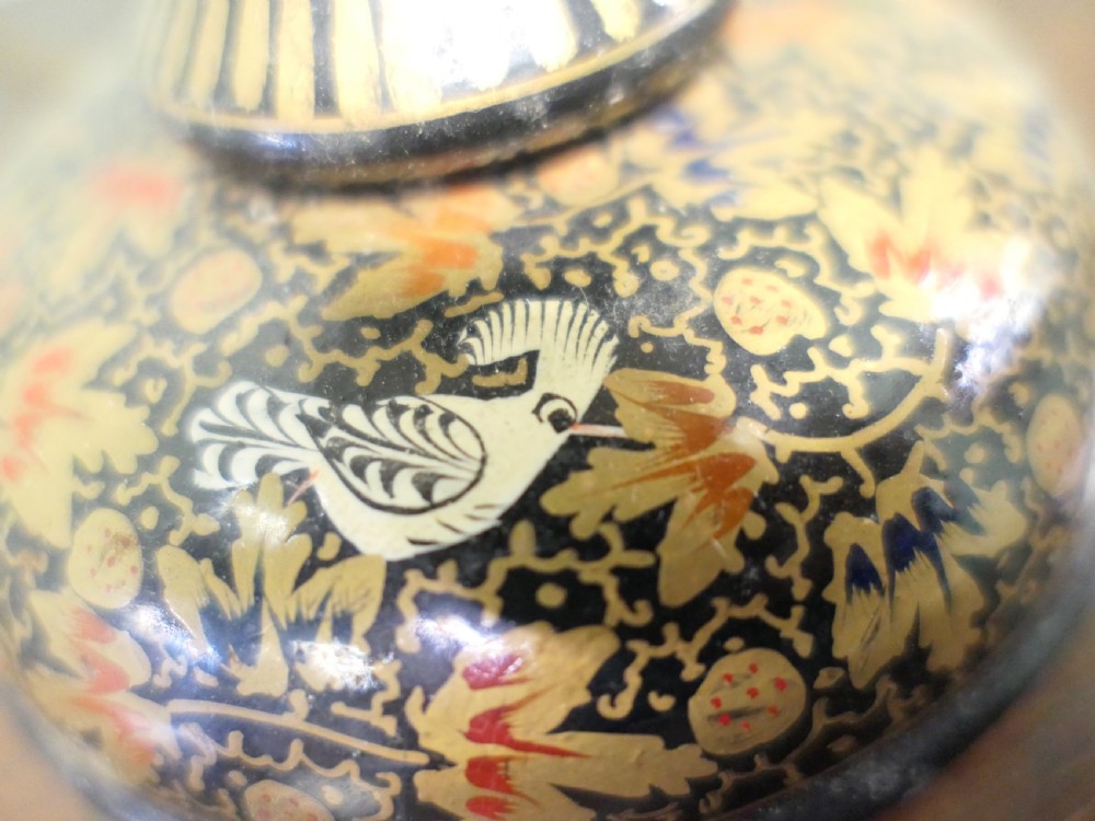 A hand-painted turned table lamp base featuring detailed gold floral motifs and bird illustrations, topped with a cream conical shade. View III