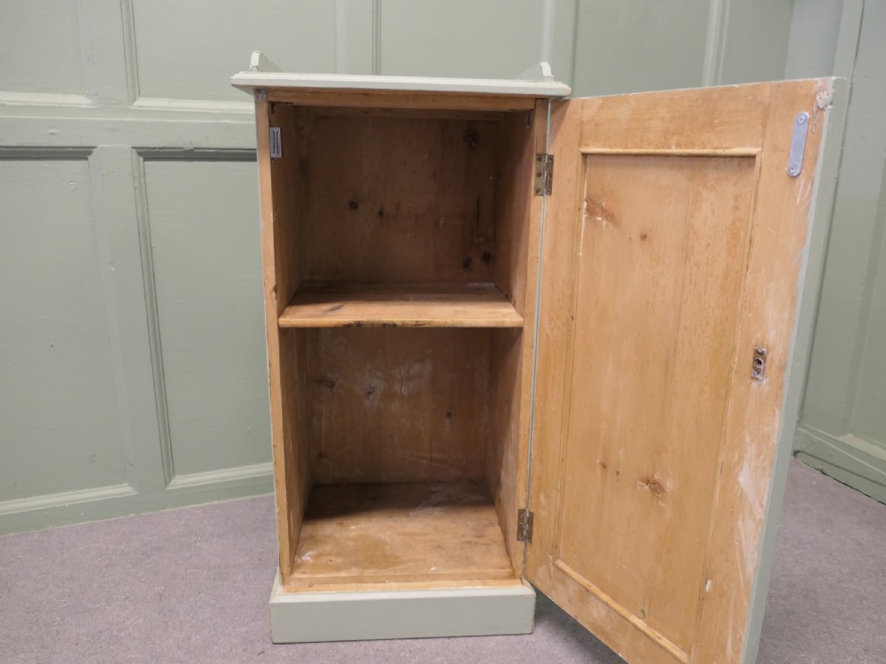 A painted light grey pine bedside cupboard featuring a gallery top rim, a single panelled door with a dark turned knob, and a solid plinth base. View III