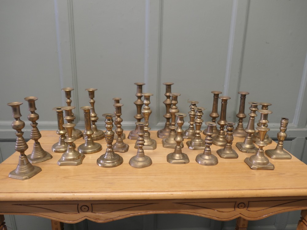Collection of 27 Brass Candle Sticks, Pub Decor, Theatre Props 