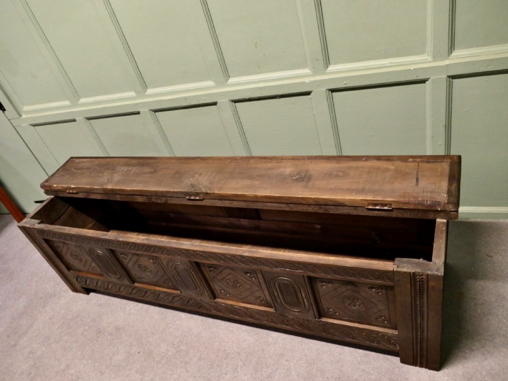 Long Early 19th Century Carved Elm Coffer  View II