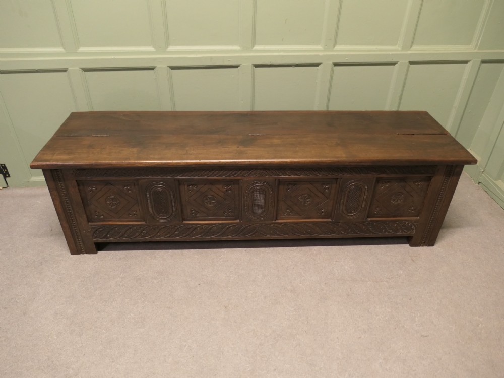 Long Early 19th Century Carved Elm Coffer  View III