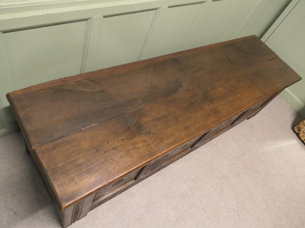 Long Early 19th Century Carved Elm Coffer  View IV
