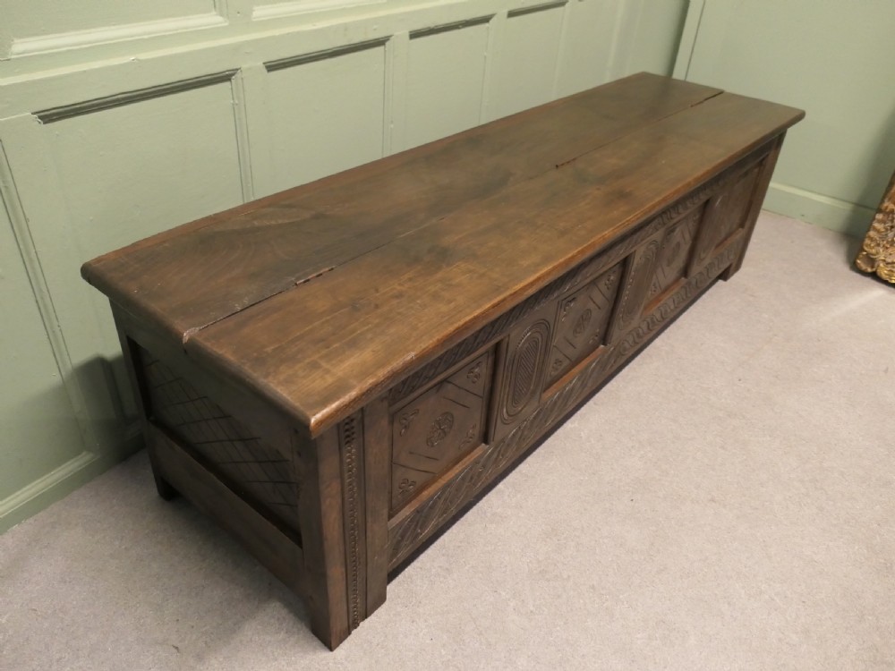 Long Early 19th Century Carved Elm Coffer  View V