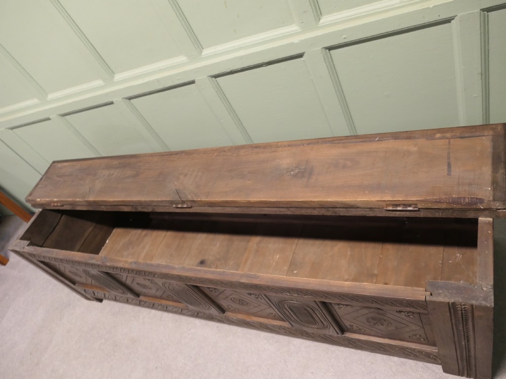 Long Early 19th Century Carved Elm Coffer  View VII