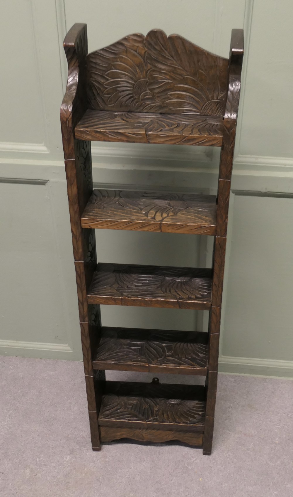 Japanese Liberty Arts and Crafts Tall Bookcase Carved with Sunflowers
