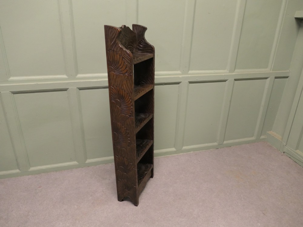 Japanese Liberty Arts and Crafts Tall Bookcase Carved with Sunflowers
 View II