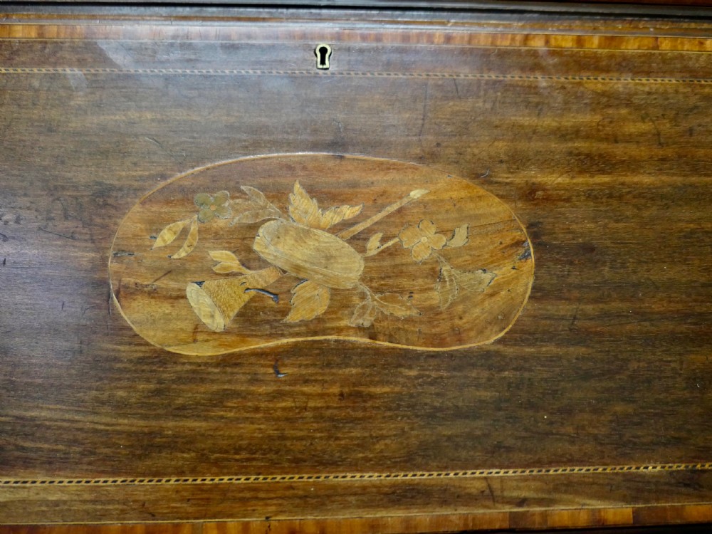 An Edwardian mahogany bureau bookcase featuring an upper cabinet with astragal glazed doors, a sloping fall-front writing surface with marquetry inlay, and four lower drawers with brass handles. View V