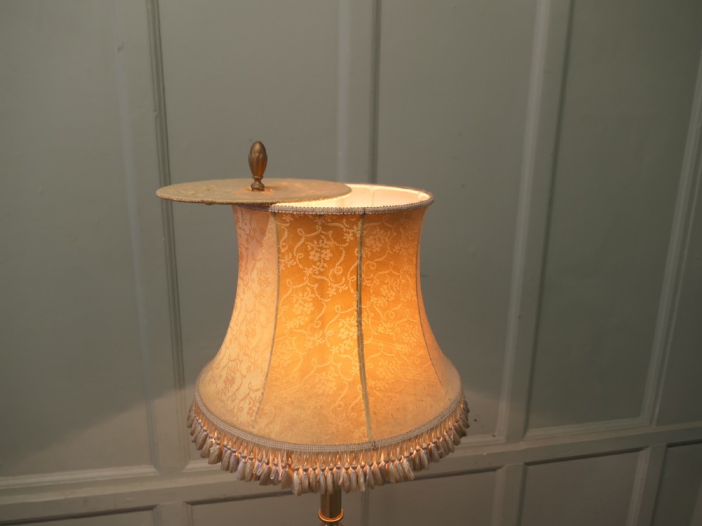 A slender turned brass floor lamp with a moulded circular base, topped with a cream patterned fabric shade featuring fringe trim. View V