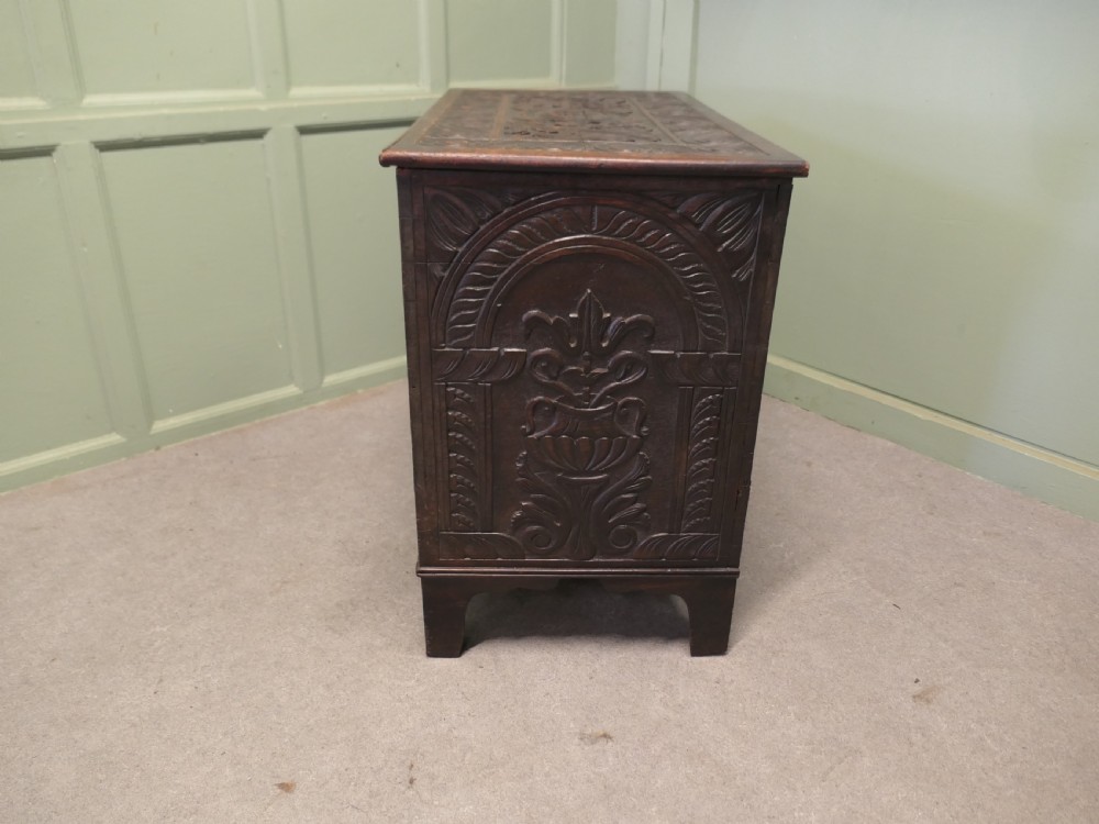 A dark carved oak mule chest featuring a hinged lid, relief-carved scrollwork and geometric patterns, and two drawers at the bottom with brass drop handles. View V
