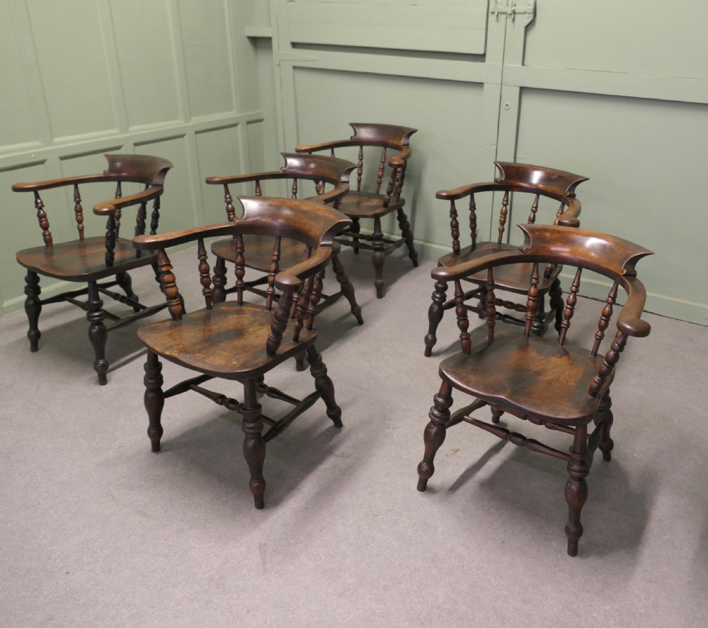 Set of 6 English Oak and Elm Captain’s Chairs, Windsor Chairs