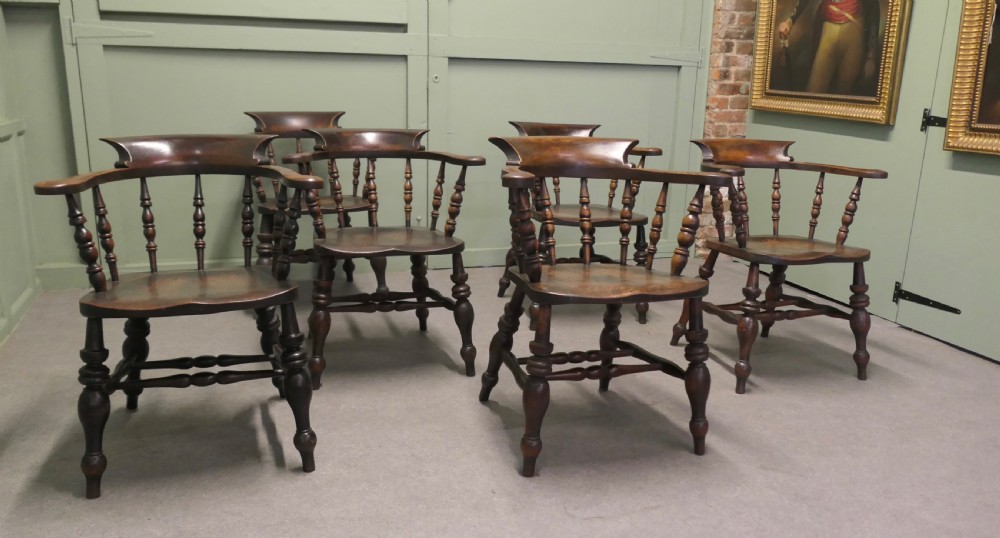 Set of 6 English Oak and Elm Captain’s Chairs, Windsor Chairs View II