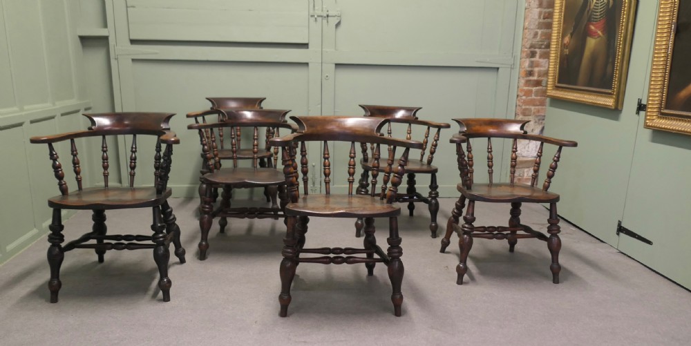 Set of 6 English Oak and Elm Captain’s Chairs, Windsor Chairs View VI