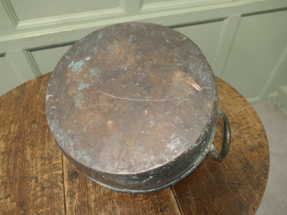 A large 19th-century copper preserving pan featuring twin riveted handles and a patinated finish with hints of verdigris. View III