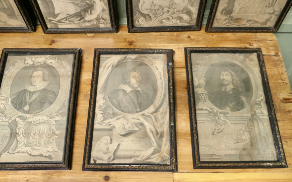 A set of twelve framed monochrome portrait engravings displaying historical figures inside decorative oval borders. View III