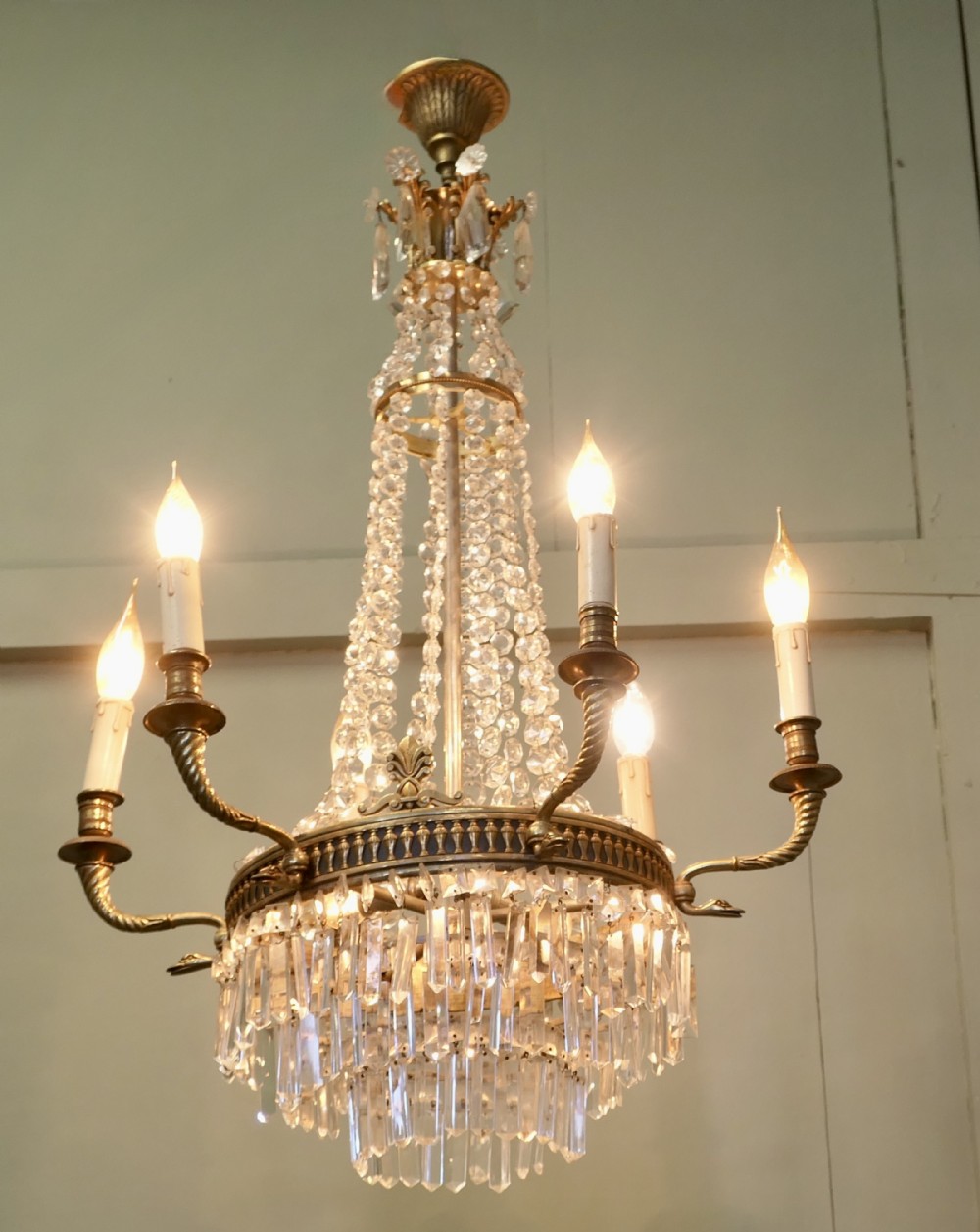 A Large 6 Branch French Empire Tent and Waterfall Chandelier