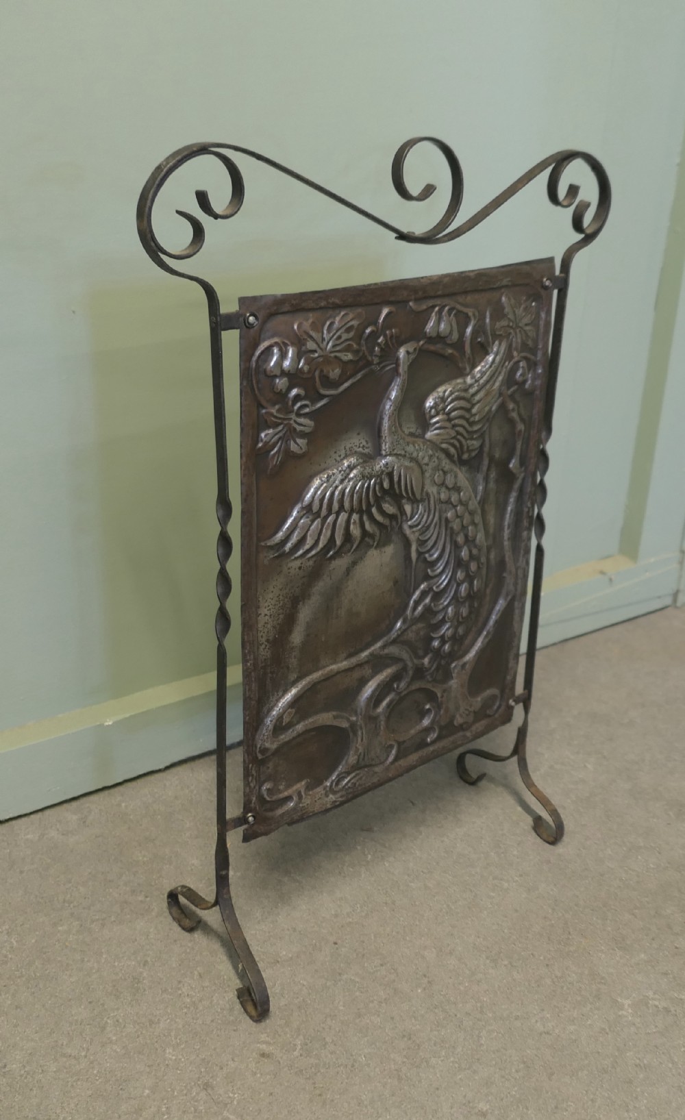 Arts and Crafts Peacock Design Polished Iron Fire Screen