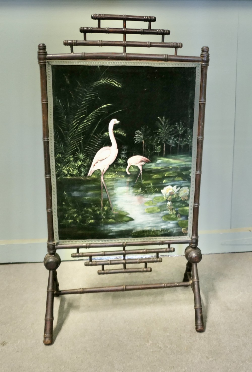 Black Lacquer Oriental Fire Screen, Painted with Flamingos