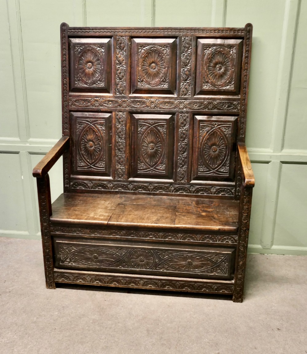 18th Century Carved High Back Oak Box Settle