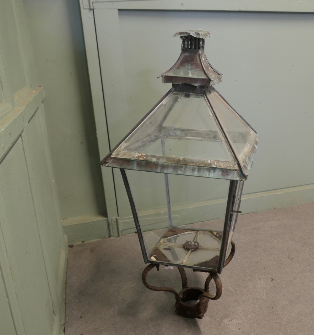 A nineteenth-century copper street lantern featuring glass roof panels, a pagoda chimney cap, and a verdigris patina. View II