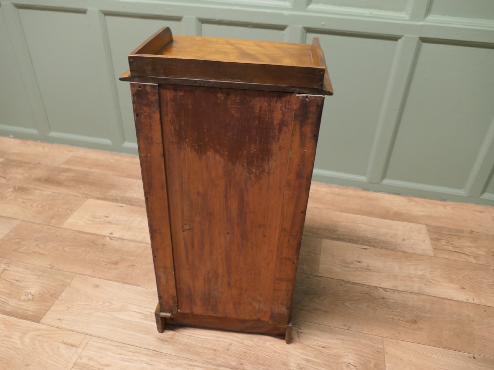 A Victorian birch bedside cupboard featuring a three-sided gallery top, a single panelled door with a glass handle, and a solid plinth base. View III